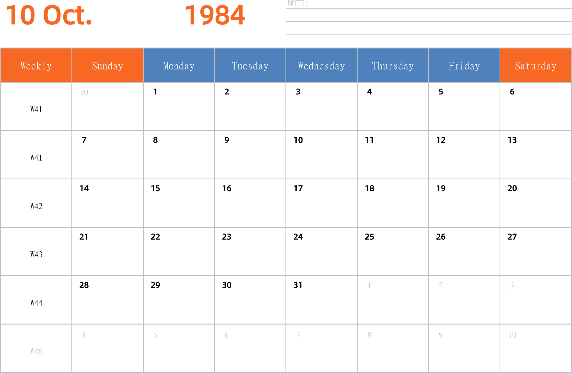 日历表1984年日历 英文版 横向排版 周日开始 带周数